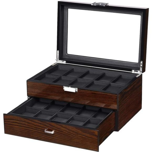 20 Slots Watch Case for Men - Luxury Watch Organizer with Glass Top, Brown - Picture 1 of 5